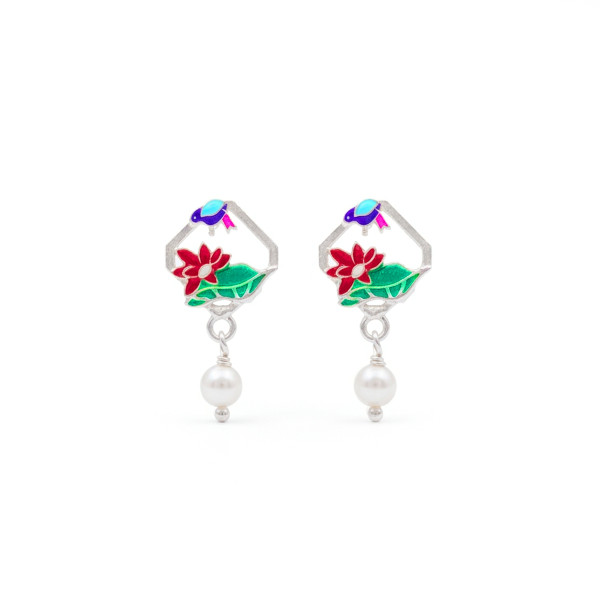 Floral Bird Enamel Dangle Earrings with Pearl Accents