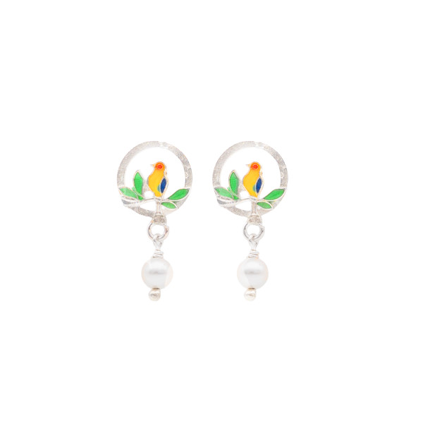 Songbird Circle Enamel Dangle Earrings with Pearl Accents