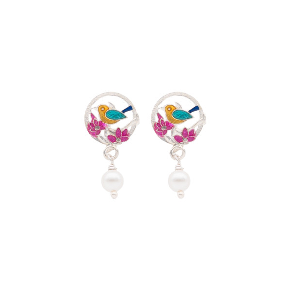 Garden Bird and Blossom Enamel Dangle Earrings with Pearl Accents
