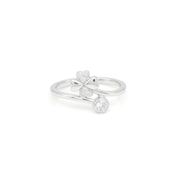 Clover and Solitaire Sterling Silver Bypass Ring