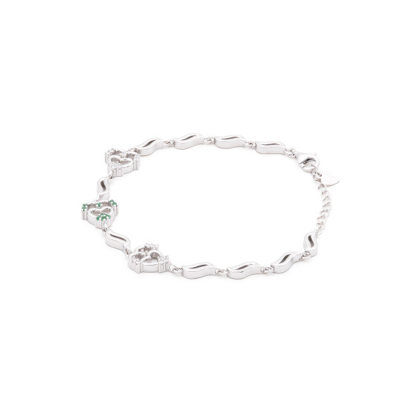 Sterling Silver Triple Heart Link Bracelet with Green Accents